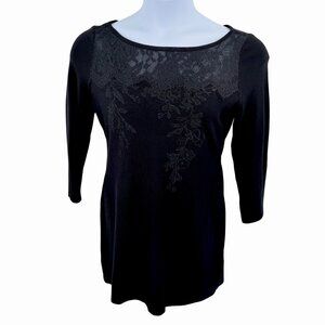 WHITE HOUSE BLACK MARKET LACE DETAIL LONG SWEATER PEARL BUTTON KEYHOLE ACCENT